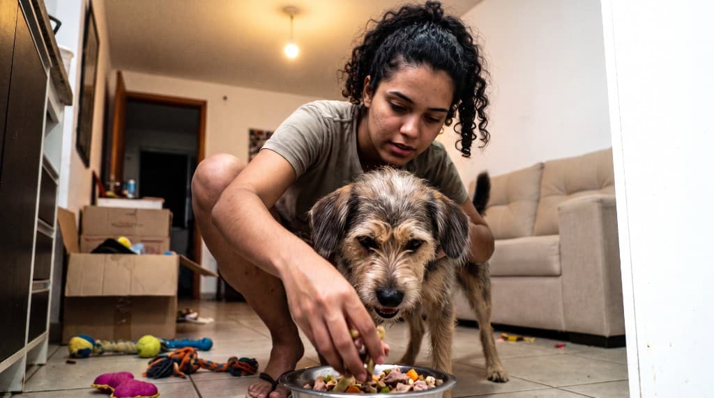 Tutora servindo alimentação natural no pote do cachorro